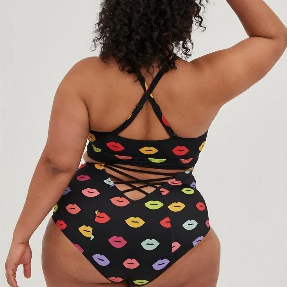 Torrid Lips Pattern High-Rise Strappy Back Swim Bottom 2X - Picture 9 of 11